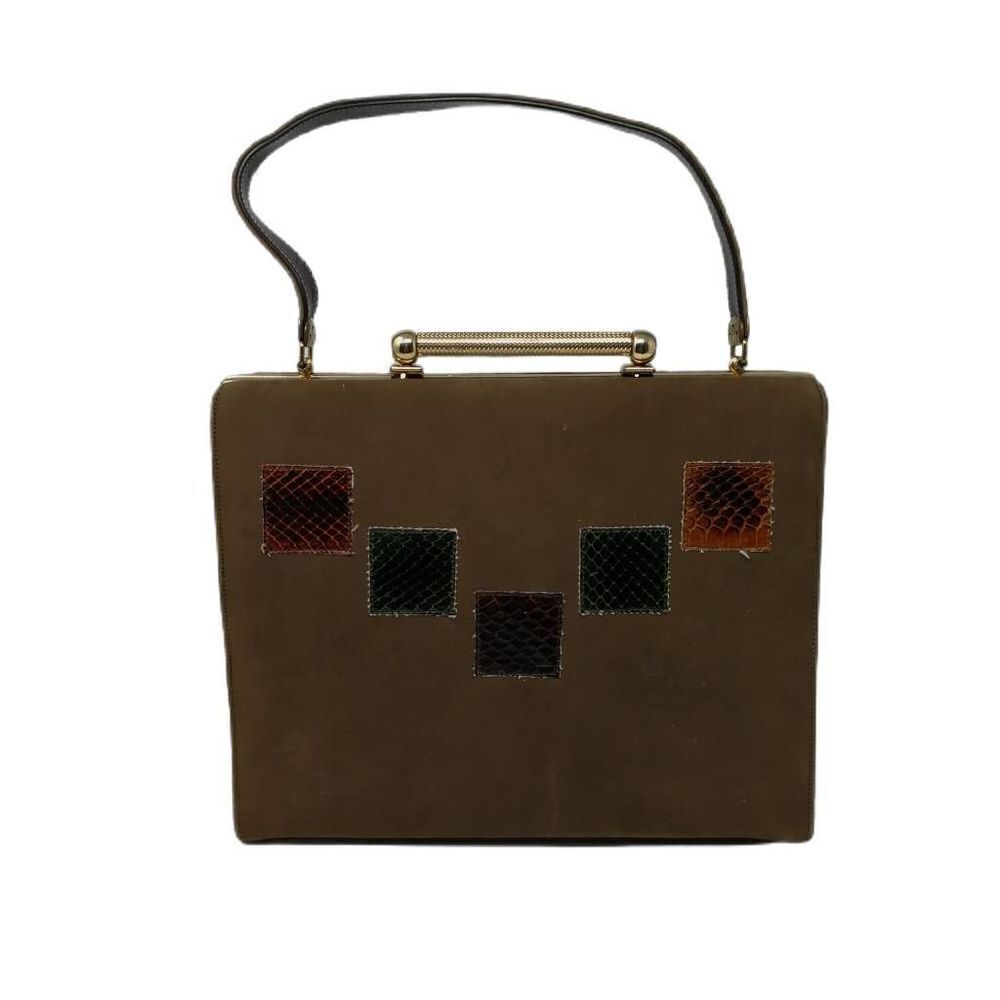 Vintage Suede Style Bag with Gold Bar Clasp and Snakeskin Patches